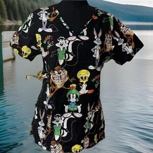 Looney Tunes Scrub Top What's Up Doc? Taz Marvin Tweety Pepe Bugs‎ Womens Sz S